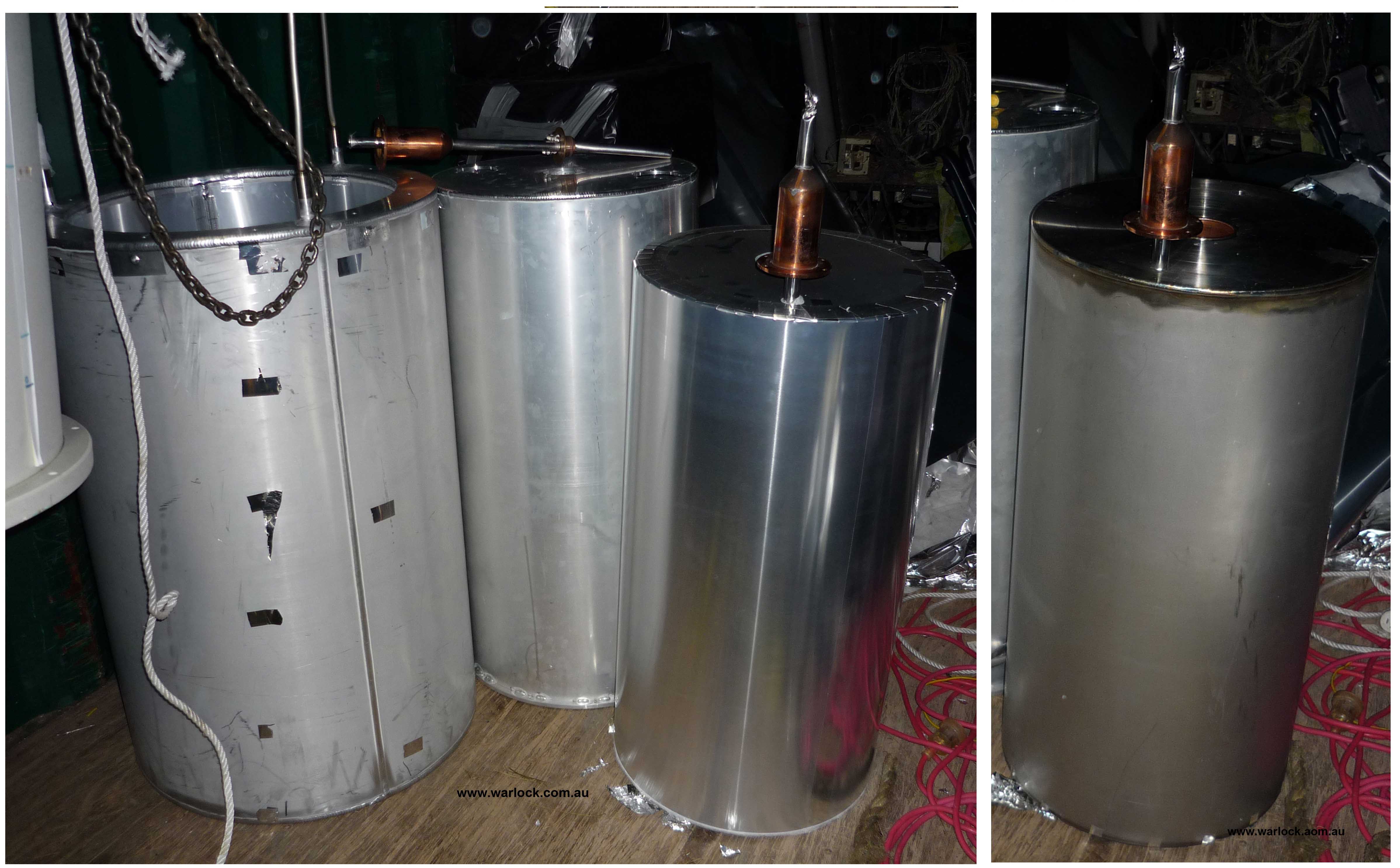 The 3 cylinders separated easily. The outside one is the 'Liquid Nitrogen Vessel' that attaches to the outermost fill tubes. The centre one is a '4 K Radiation Shield' that blocks infra-red radiation from reaching the 'Liquid Helium Vessel' on the inside.