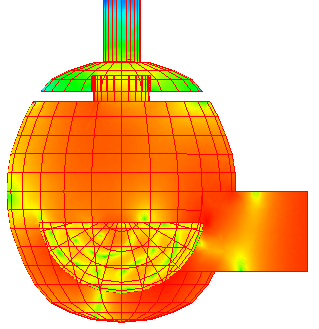 A 2.45 GHz simulation of the reactor during the microwave heating of DMF (120 mL). The low pass filter design in the top hemisphere prevents microwave leakage through the top of the vessel, as indicated by the blue color (<1 mW/square cm).