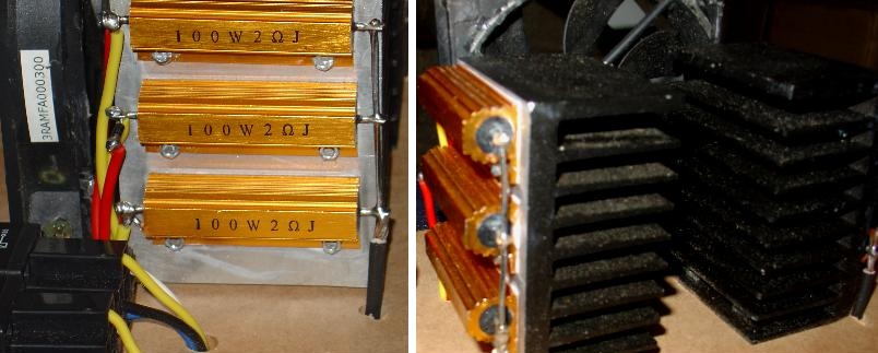 100 Watt 2 Ohm (dump-load) resistors mounted on a heatsink