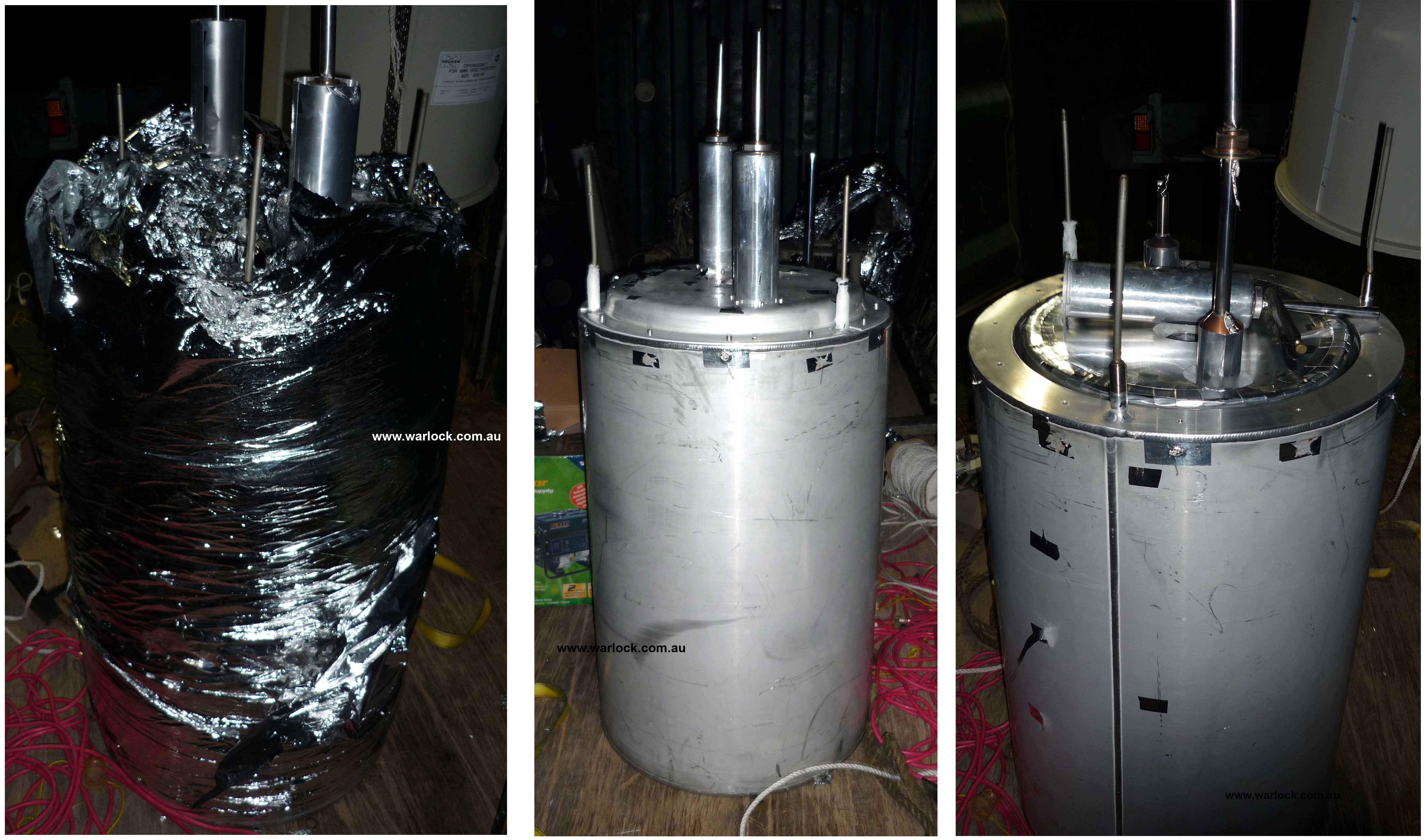 The Mylar sheet was partially unwrapped and then lifted over the top of the inside vessels. The 'Liquid Nitrogen Vessel' and 'Liquid Helium Vessel' as well as fill tubes are held in position using an aluminium top plate. The top plate was removed which completely detached the 'Liquid Nitrogen Vessel' from the remaining cylinders.